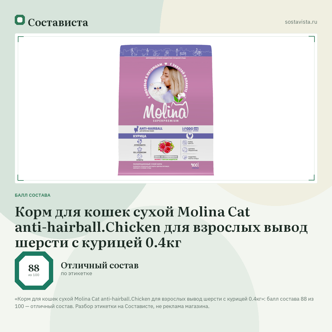 Корм для кошек сухой Molina Cat anti-hairball.Chicken для взрослых вывод шерсти с курицей 0.4кг: балл состава 88 из 100 — Состависта