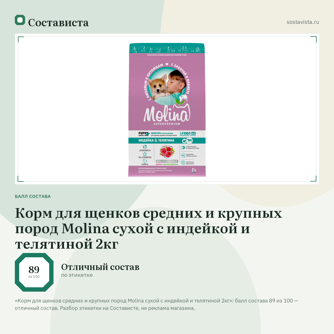 Корм для щенков средних и крупных пород Molina сухой с индейкой и телятиной 2кг: балл состава 89 из 100 — Состависта