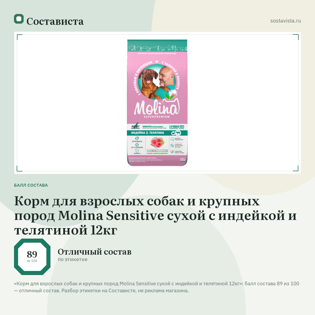 Корм для взрослых собак и крупных пород Molina Sensitive сухой с индейкой и телятиной 12кг: балл состава 89 из 100 — Состависта