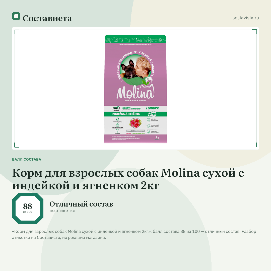 Корм для взрослых собак Molina сухой с индейкой и ягненком 2кг: балл состава 88 из 100 — Состависта