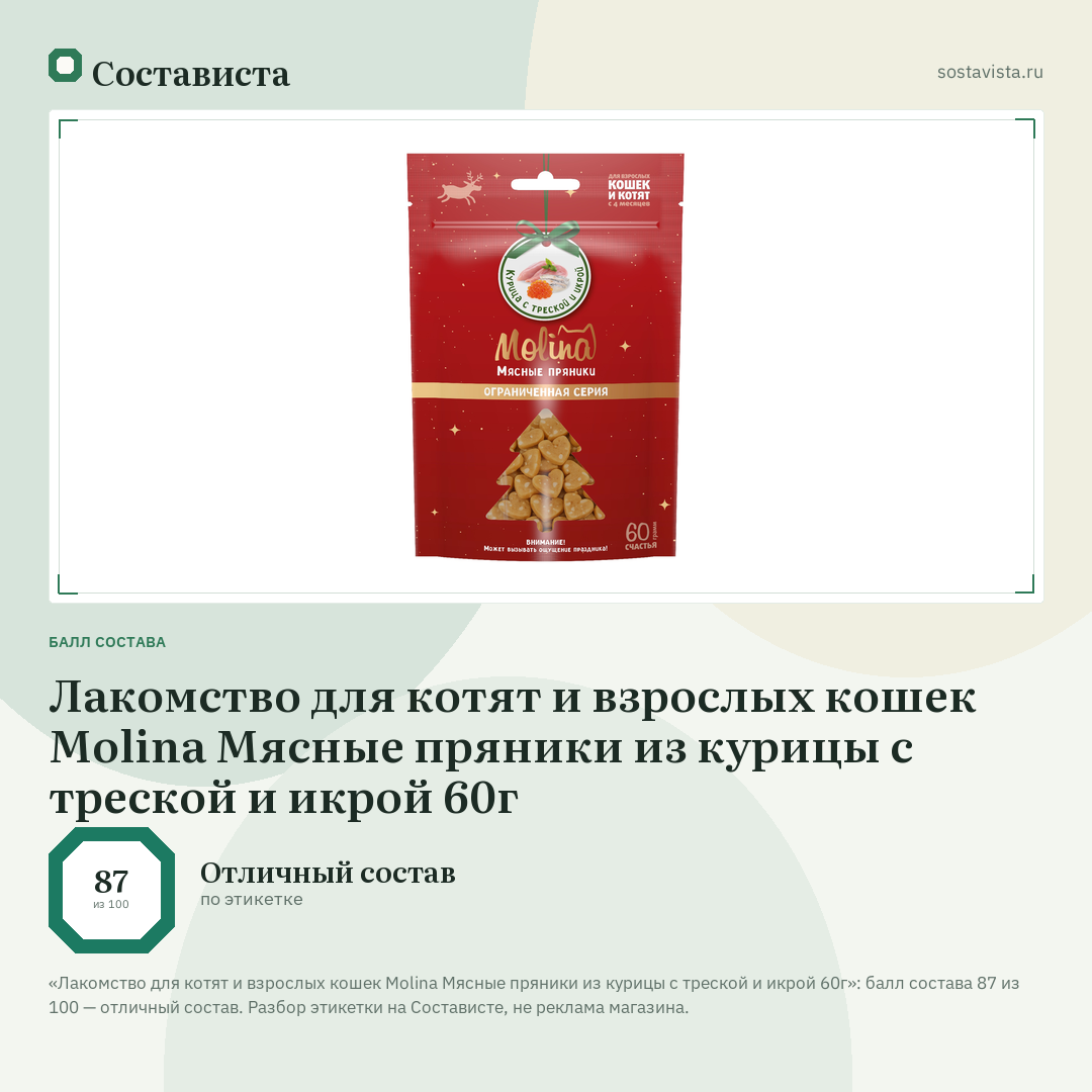 Лакомство для котят и взрослых кошек Molina Мясные пряники из курицы с треской и икрой 60г: балл состава 87 из 100 — Состависта