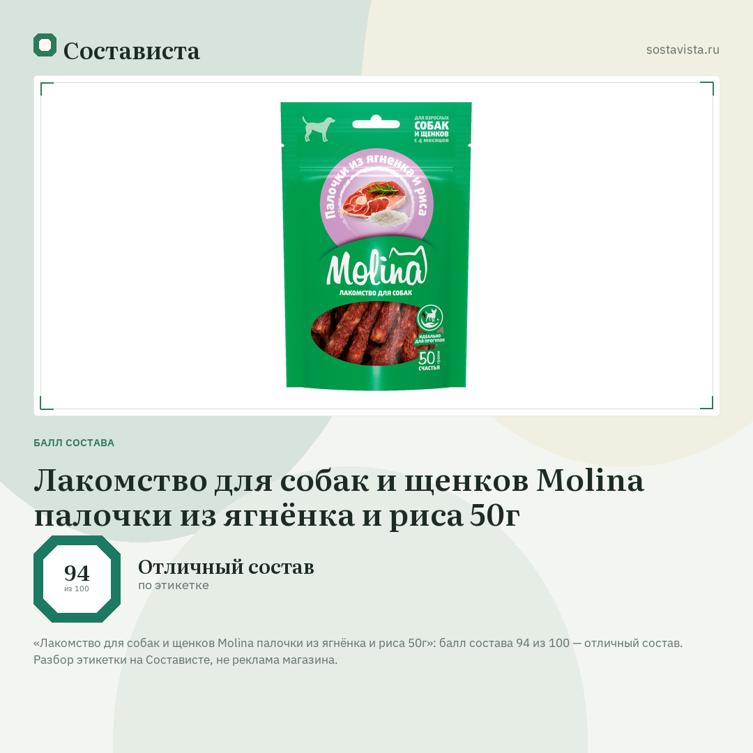 Лакомство для собак и щенков Molina палочки из ягнёнка и риса 50г: балл состава 94 из 100 — Состависта