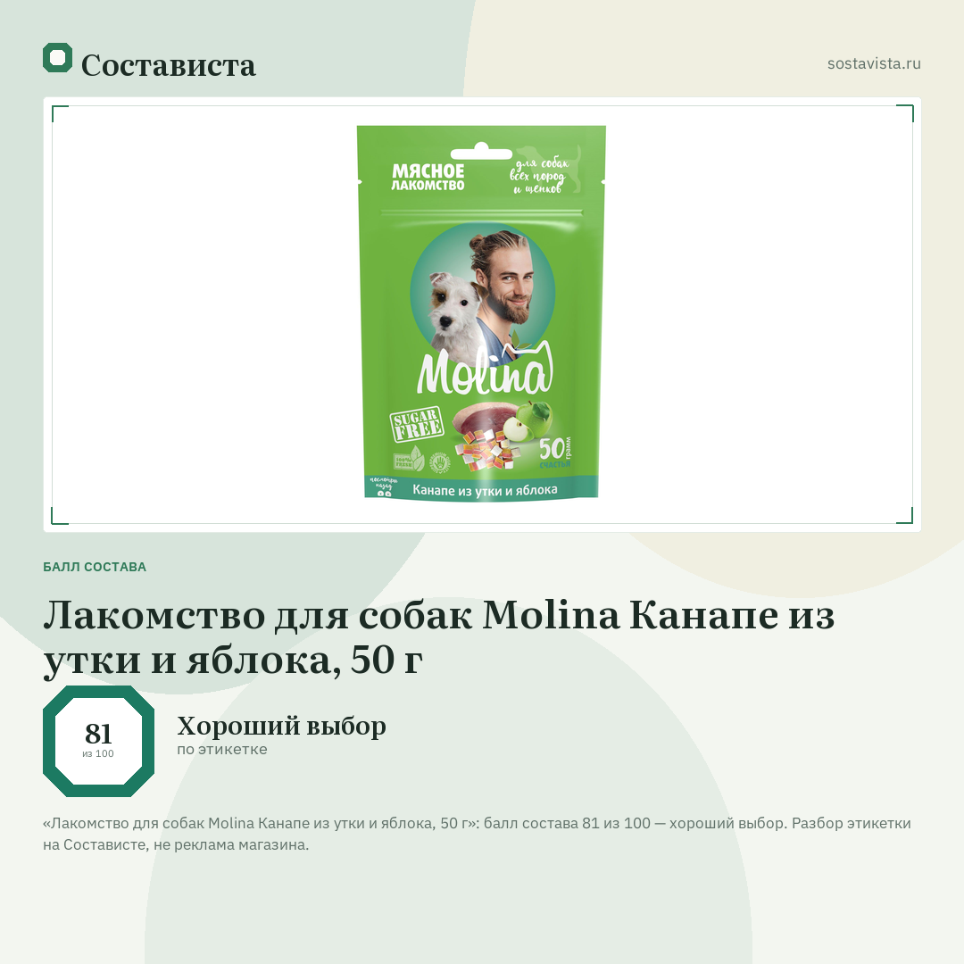 Лакомство для собак Molina Канапе из утки и яблока, 50 г: балл состава 81 из 100 — Состависта
