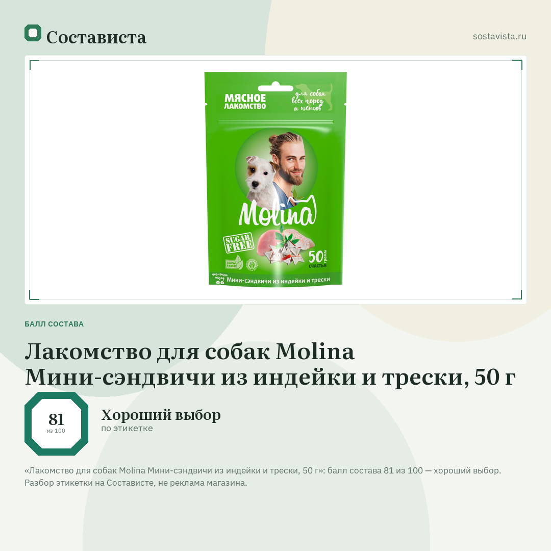 Лакомство для собак Molina Мини-сэндвичи из индейки и трески, 50 г: балл состава 81 из 100 — Состависта