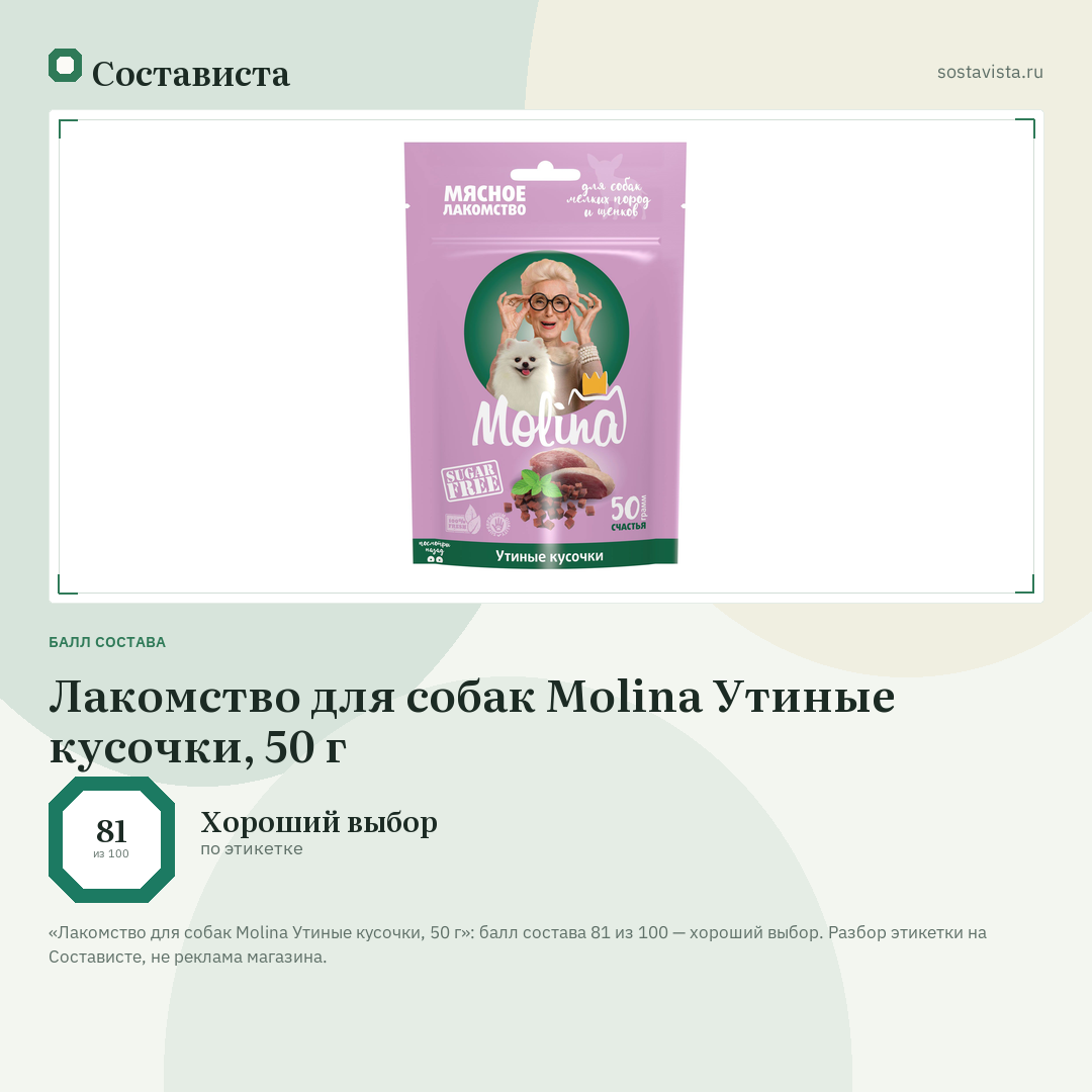 Лакомство для собак Molina Утиные кусочки, 50 г: балл состава 81 из 100 — Состависта