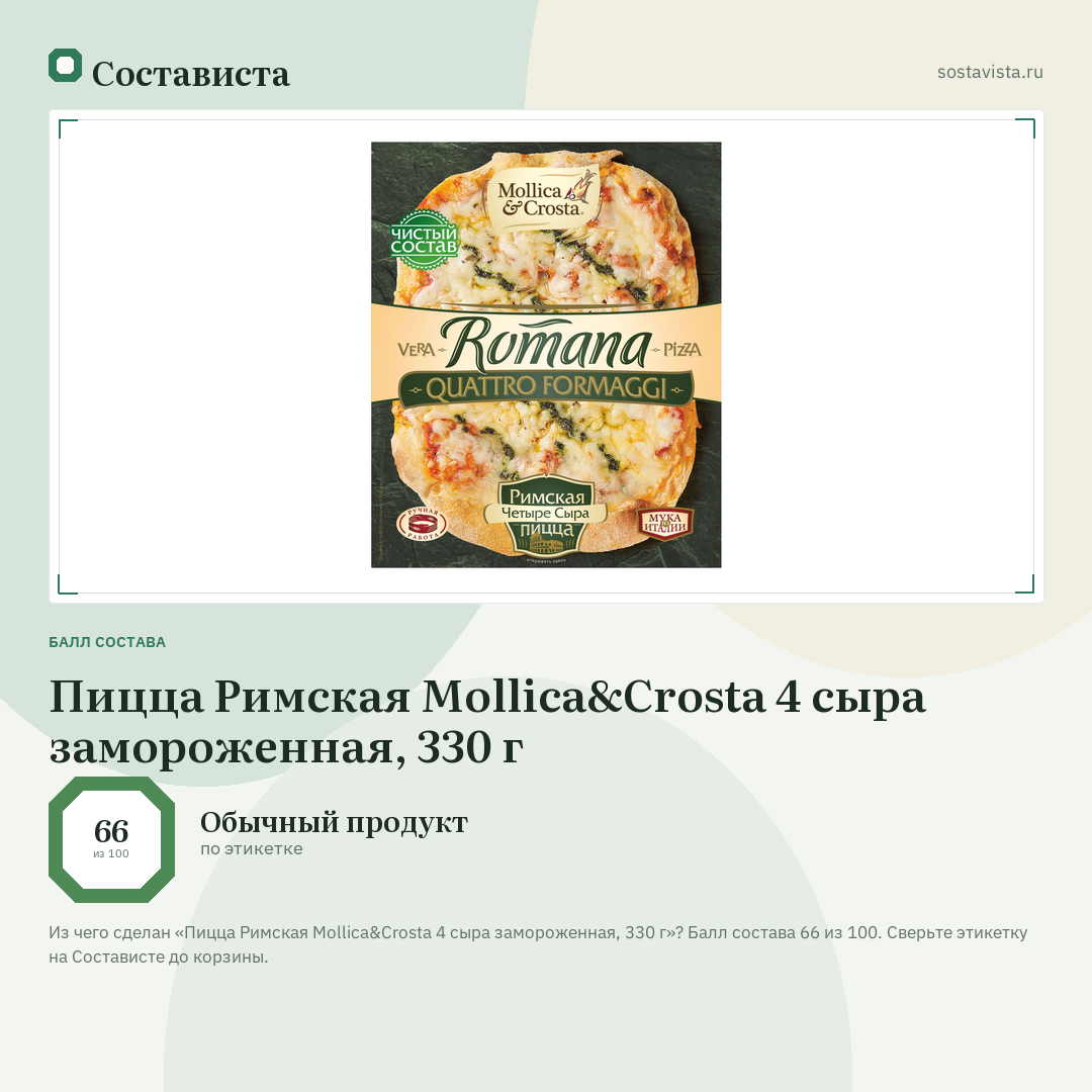 Пицца Римская Mollica&Crosta 4 сыра замороженная, 330 г: балл состава 66 из 100 — Состависта