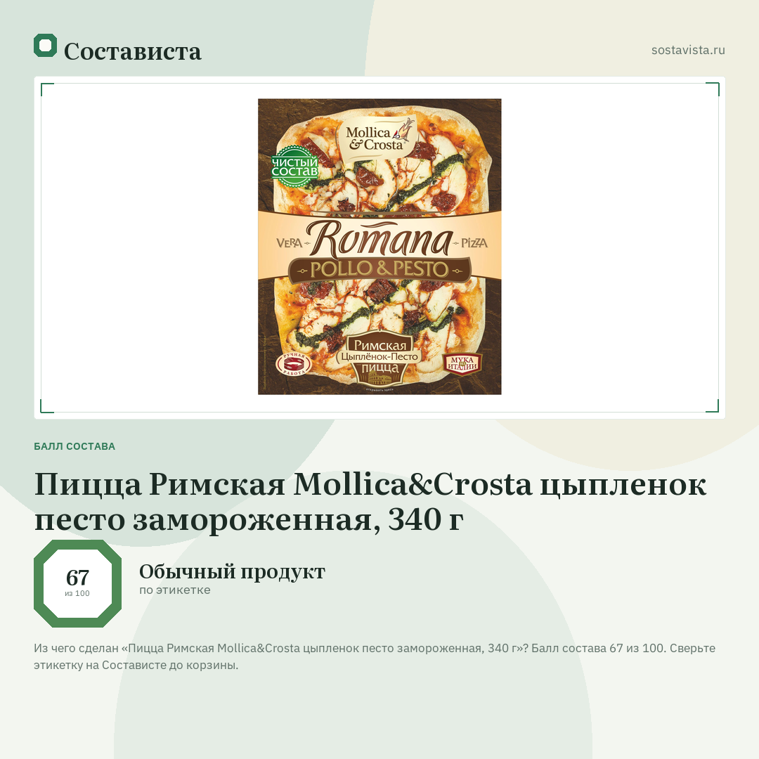 Пицца Римская Mollica&Crosta цыпленок песто замороженная, 340 г: балл состава 67 из 100 — Состависта