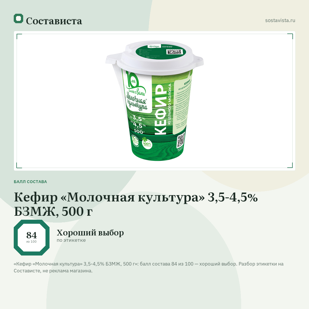 Кефир «Молочная культура» 3,5-4,5% БЗМЖ, 500 г: балл состава 84 из 100 — Состависта