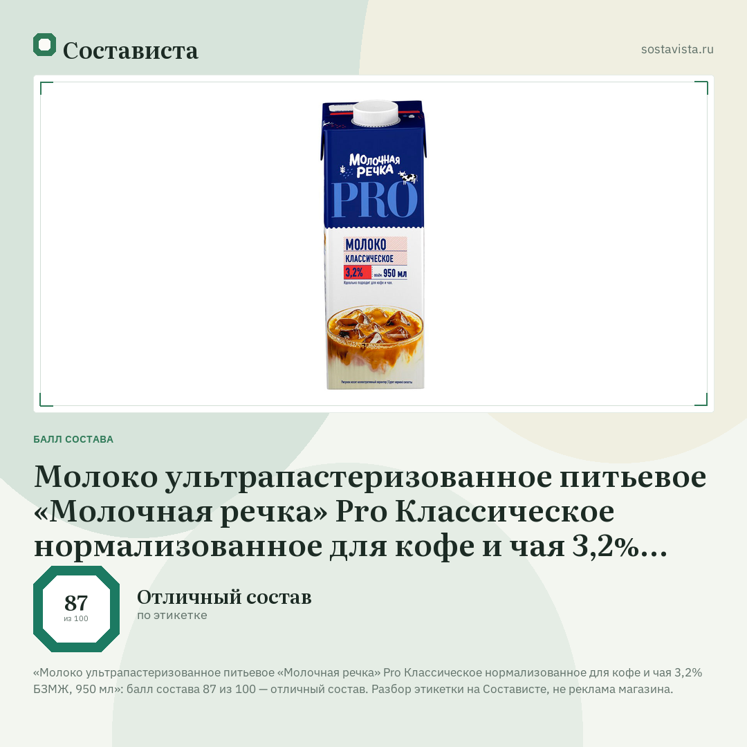 Молоко ультрапастеризованное питьевое «Молочная речка» Pro Классическое нормализованное для кофе и чая 3,2% БЗМЖ, 950 мл: балл состава 87 из 100 — Состависта