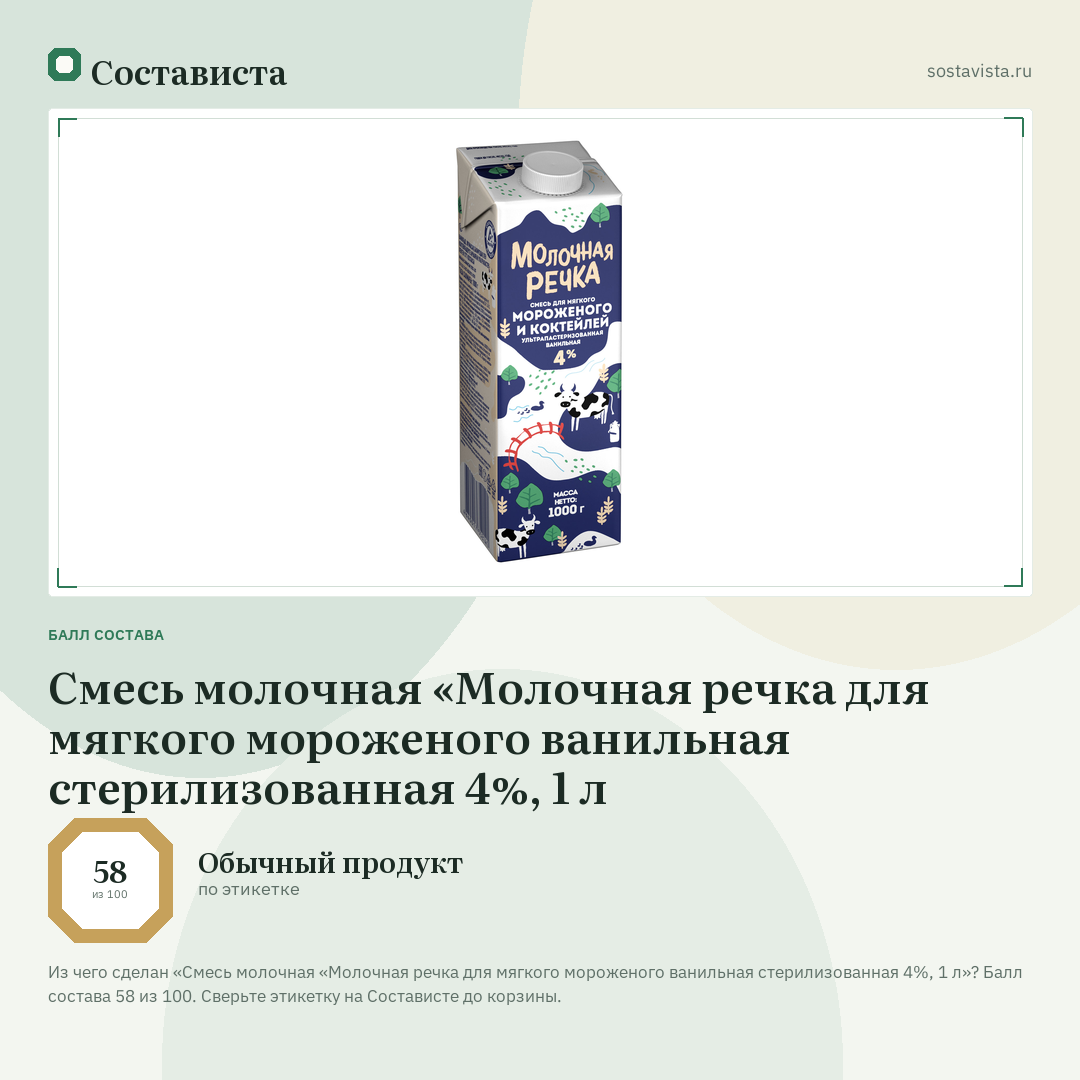 Смесь молочная «Молочная речка для мягкого мороженого ванильная стерилизованная 4%, 1 л: балл состава 58 из 100 — Состависта