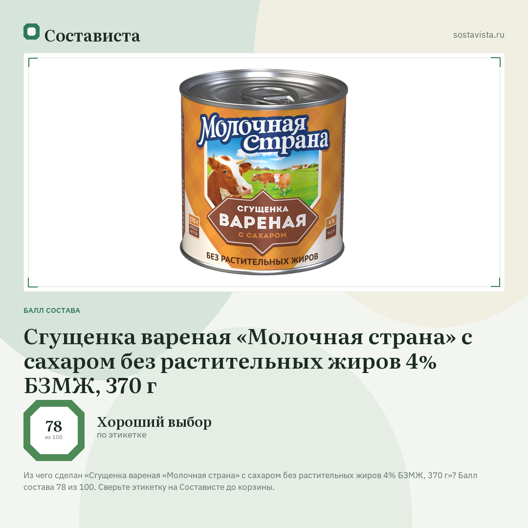 Сгущенка вареная «Молочная страна» с сахаром без растительных жиров 4% БЗМЖ, 370 г: балл состава 78 из 100 — Состависта