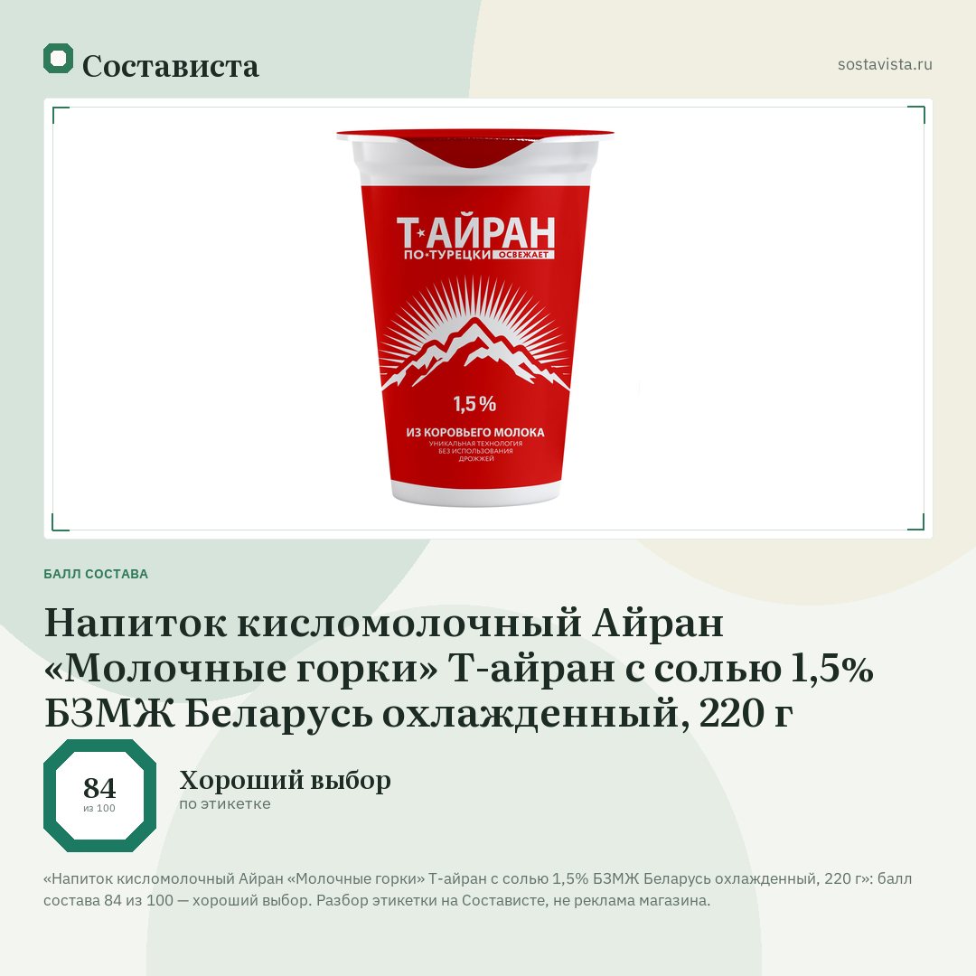 Напиток кисломолочный Айран «Молочные горки» Т-айран с солью 1,5% БЗМЖ Беларусь охлажденный, 220 г: балл состава 84 из 100 — Состависта