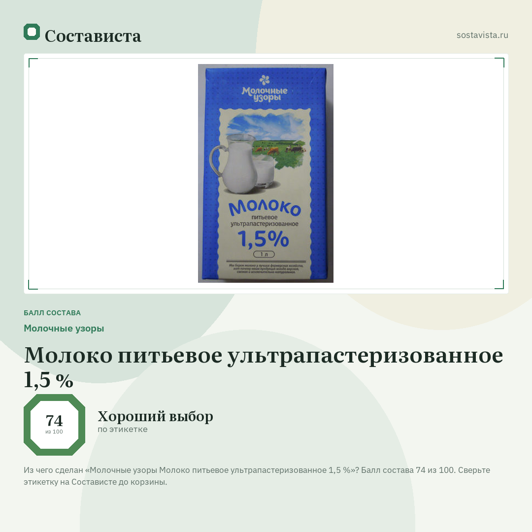 Молочные узоры Молоко питьевое ультрапастеризованное 1,5 %: балл состава 74 из 100 — Состависта