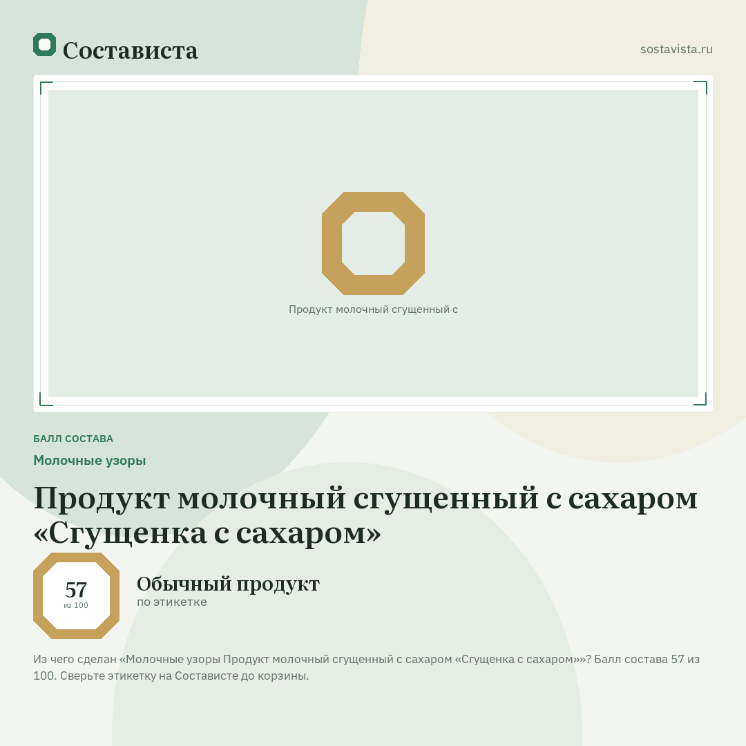 Молочные узоры Продукт молочный сгущенный с сахаром «Сгущенка с сахаром»: балл состава 57 из 100 — Состависта