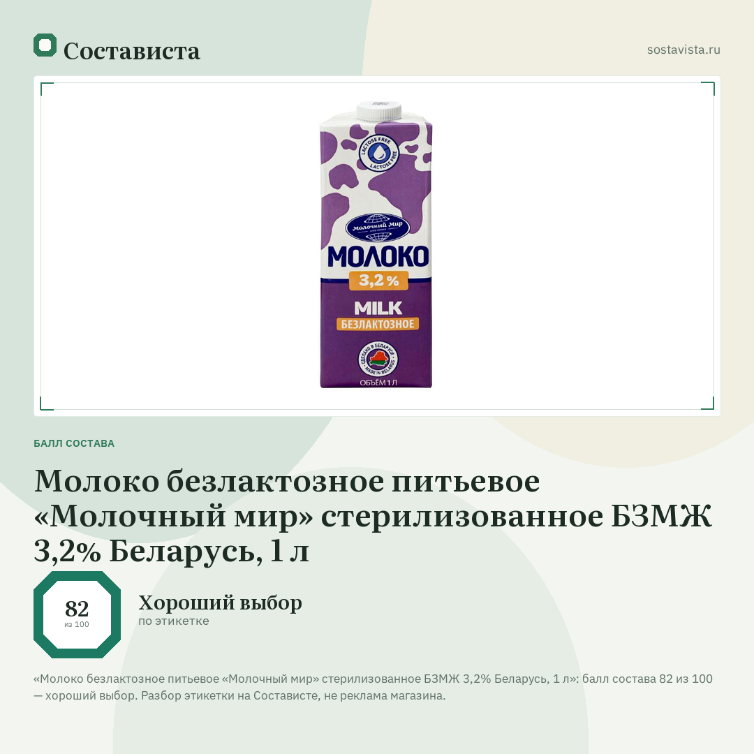 Молоко безлактозное питьевое «Молочный мир» стерилизованное БЗМЖ 3,2% Беларусь, 1 л: балл состава 82 из 100 — Состависта