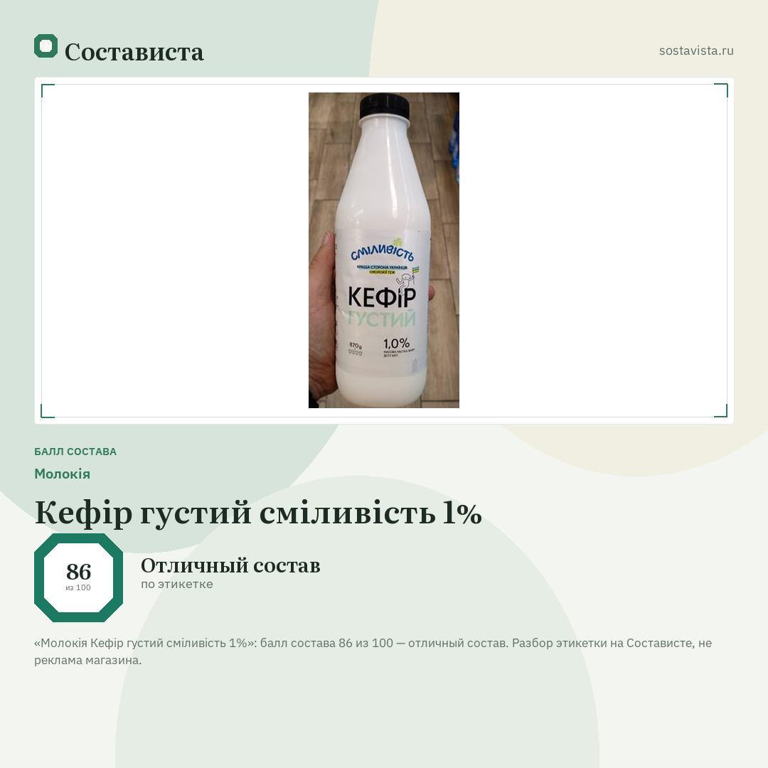 Молокія Кефір густий сміливість 1%: балл состава 86 из 100 — Состависта