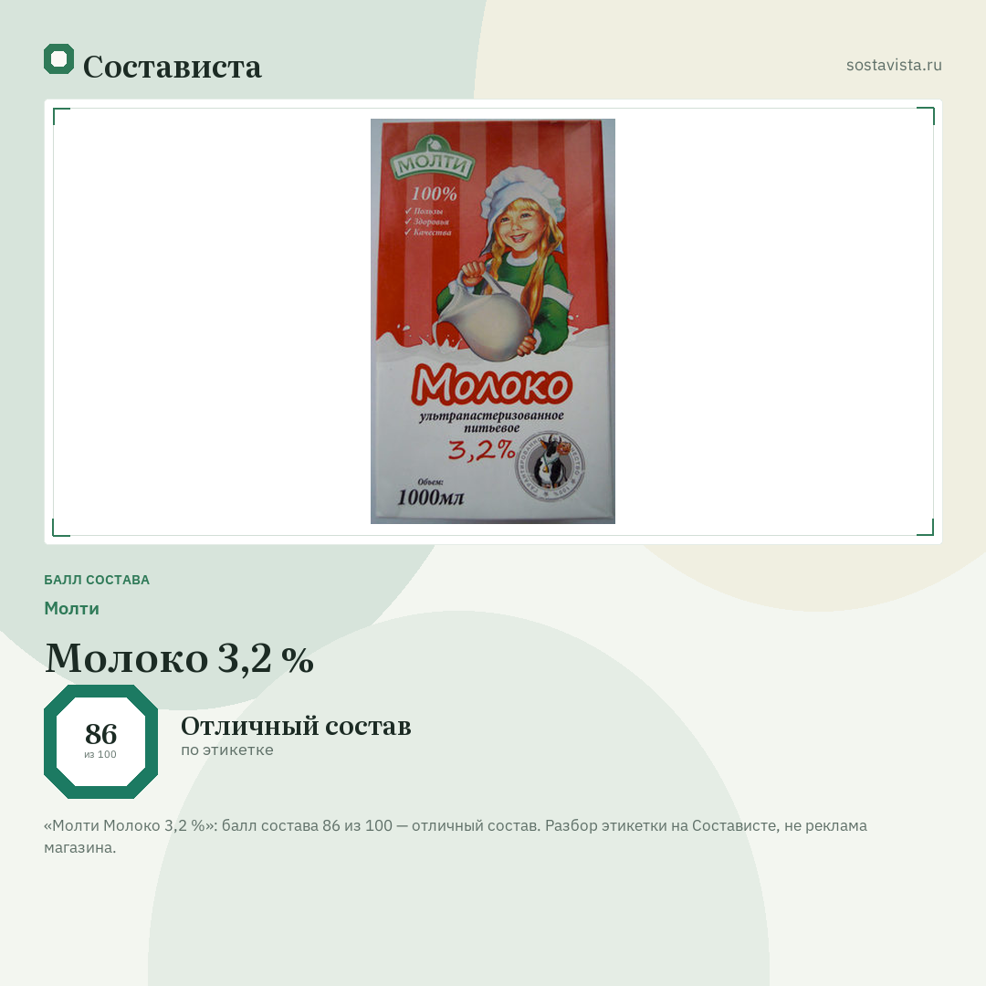 Молти Молоко 3,2 %: балл состава 86 из 100 — Состависта