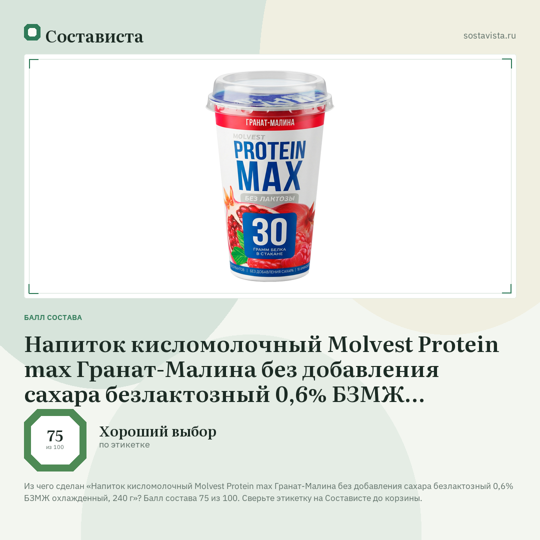 Напиток кисломолочный Molvest Protein max Гранат-Малина без добавления сахара безлактозный 0,6% БЗМЖ охлажденный, 240 г: балл состава 75 из 100 — Состависта