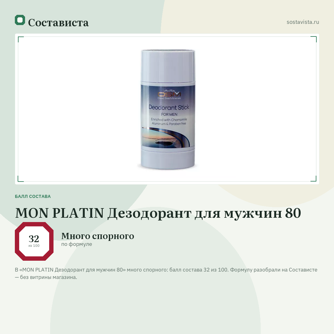 MON PLATIN Дезодорант для мужчин 80: балл состава 32 из 100 — Состависта