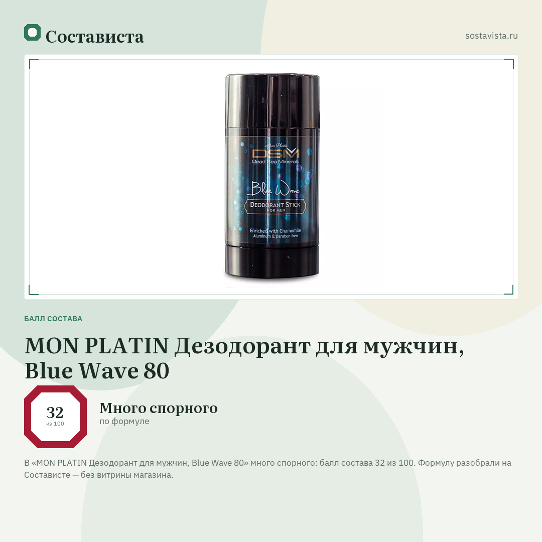 MON PLATIN Дезодорант для мужчин, Blue Wave 80: балл состава 32 из 100 — Состависта