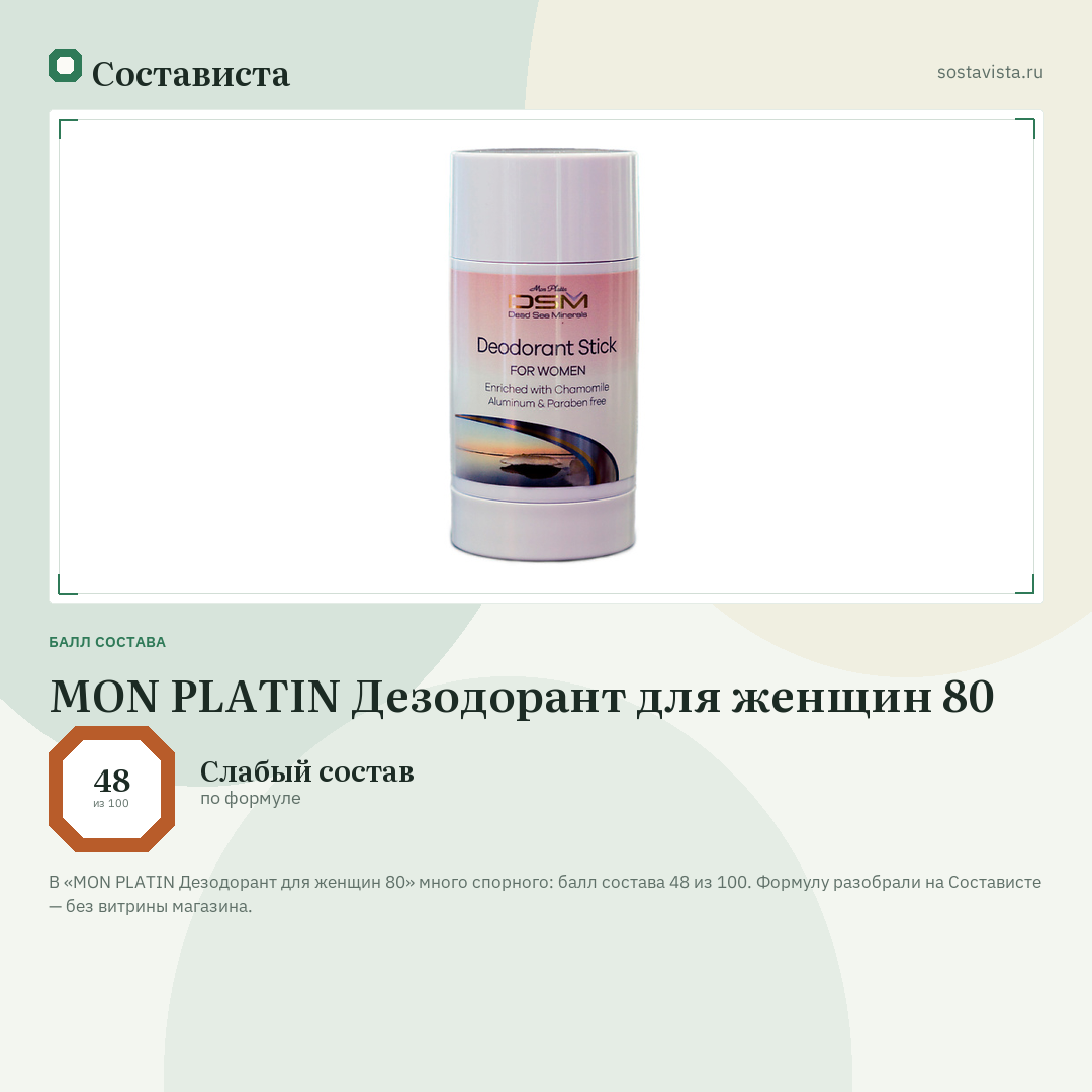 MON PLATIN Дезодорант для женщин 80: балл состава 48 из 100 — Состависта