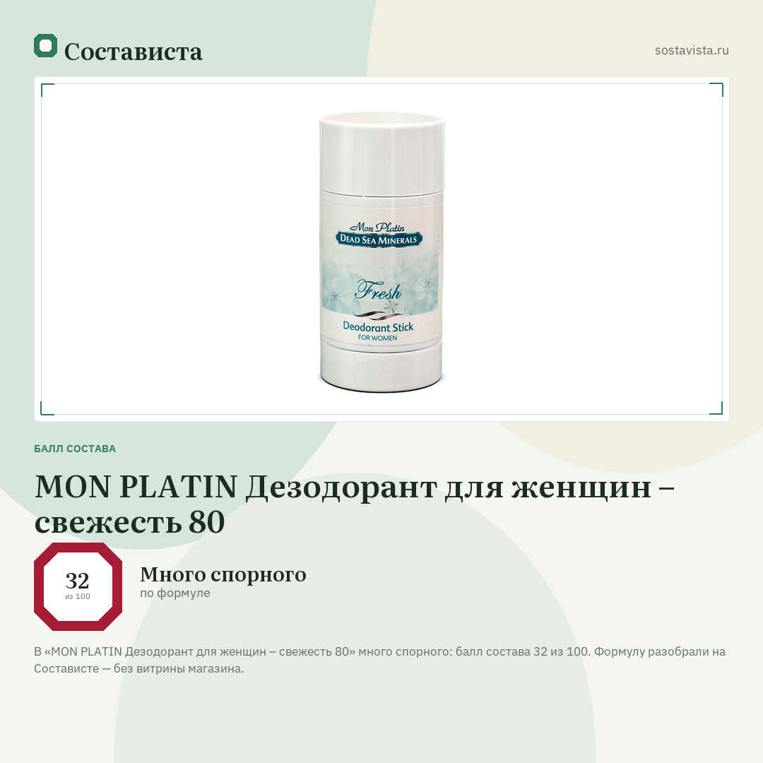 MON PLATIN Дезодорант для женщин – свежесть 80: балл состава 32 из 100 — Состависта