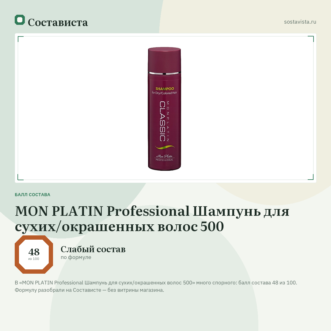 MON PLATIN Professional Шампунь для сухих/окрашенных волос 500: балл состава 48 из 100 — Состависта