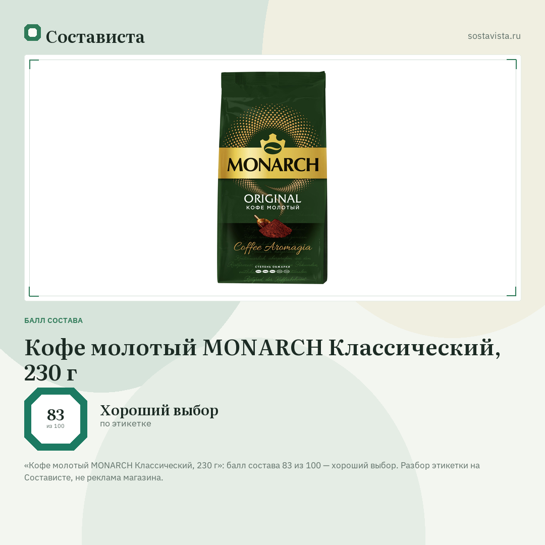 Кофе молотый MONARCH Классический, 230 г: балл состава 83 из 100 — Состависта