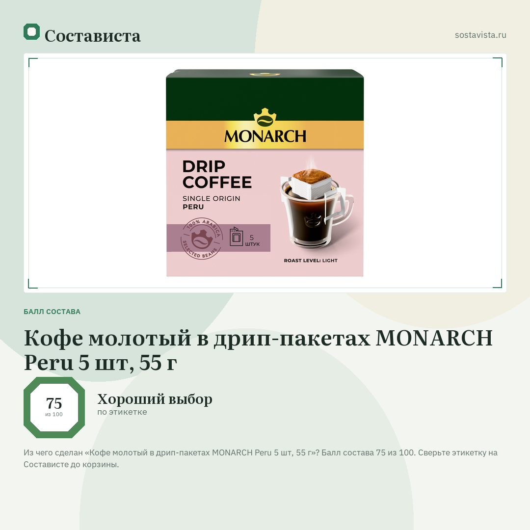 Кофе молотый в дрип-пакетах MONARCH Peru 5 шт, 55 г: балл состава 75 из 100 — Состависта