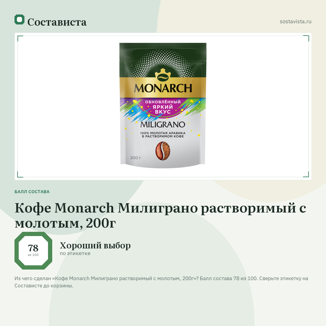 Кофе Monarch Милиграно растворимый с молотым, 200г: балл состава 78 из 100 — Состависта