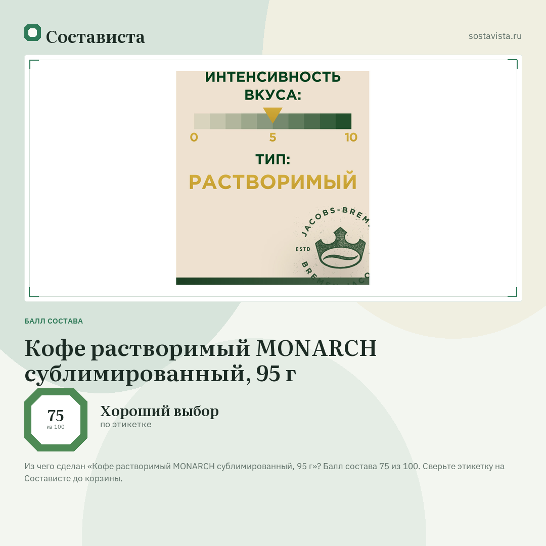 Кофе растворимый MONARCH сублимированный, 95 г: балл состава 75 из 100 — Состависта