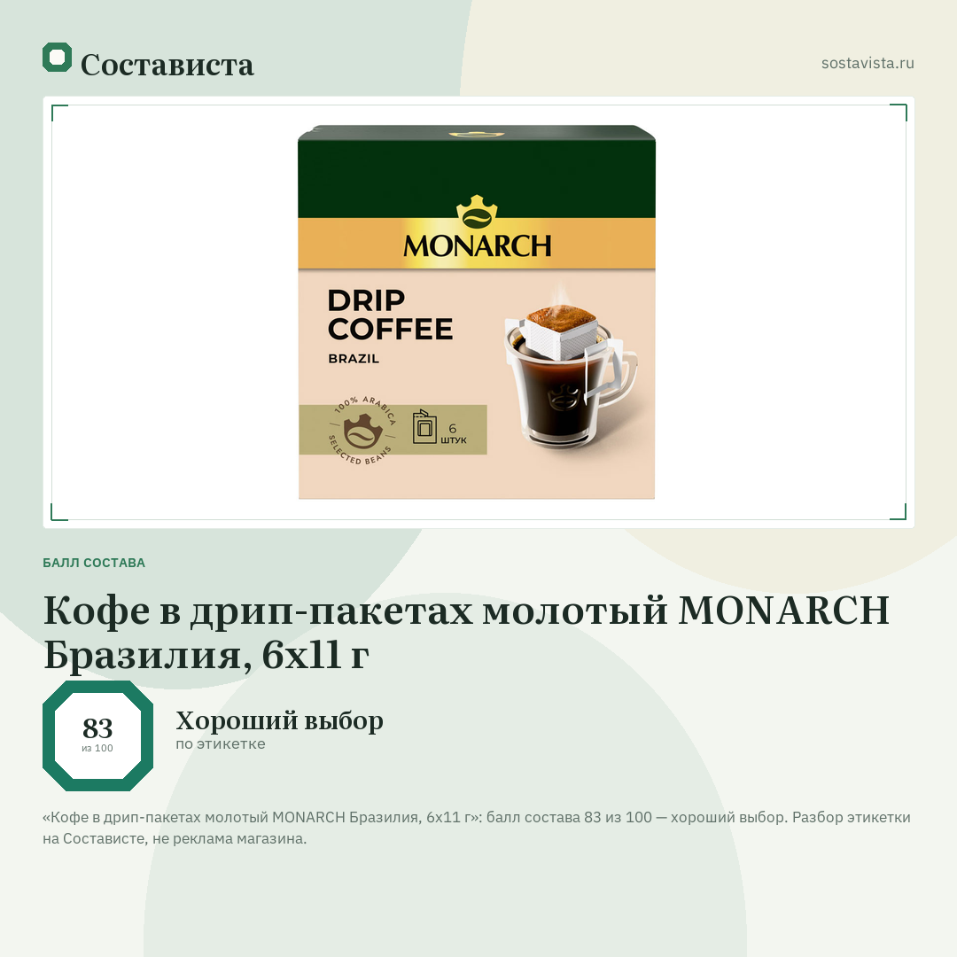 Кофе в дрип-пакетах молотый MONARCH Бразилия, 6х11 г: балл состава 83 из 100 — Состависта