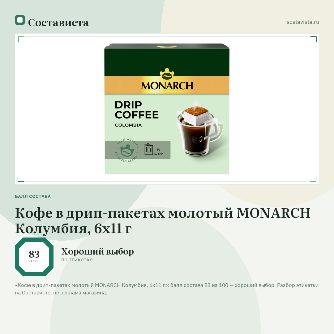 Кофе в дрип-пакетах молотый MONARCH Колумбия, 6х11 г: балл состава 83 из 100 — Состависта