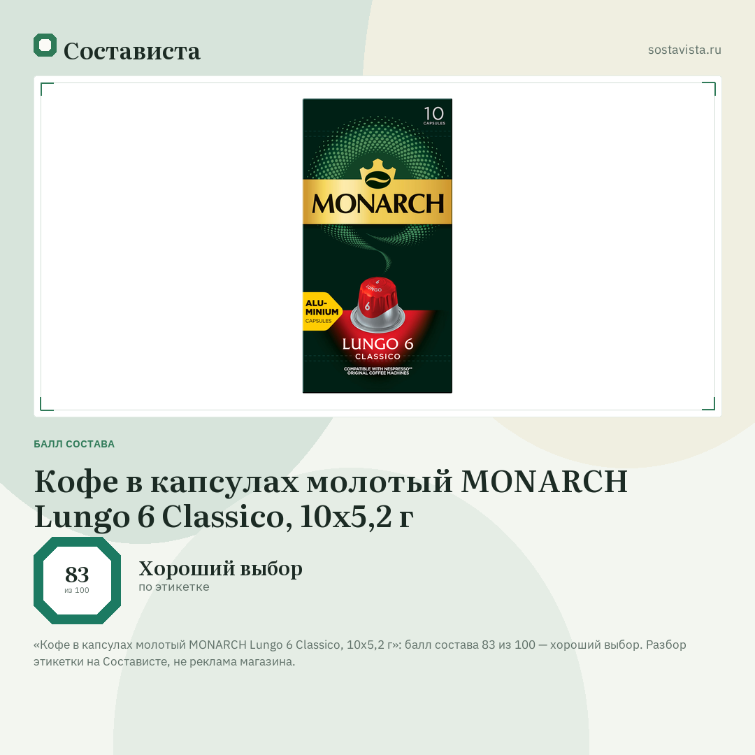 Кофе в капсулах молотый MONARCH Lungo 6 Classico, 10х5,2 г: балл состава 83 из 100 — Состависта