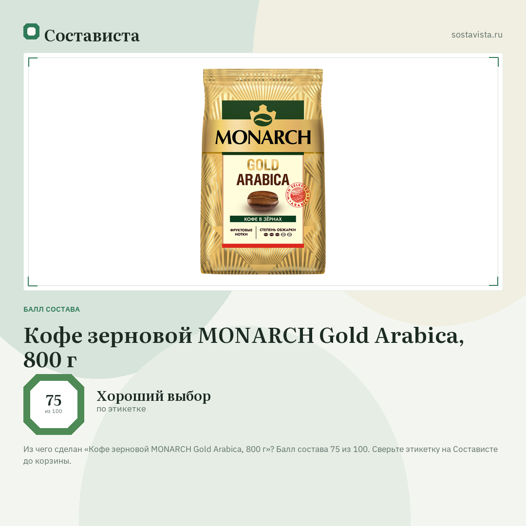Кофе зерновой MONARCH Gold Arabica, 800 г: балл состава 75 из 100 — Состависта