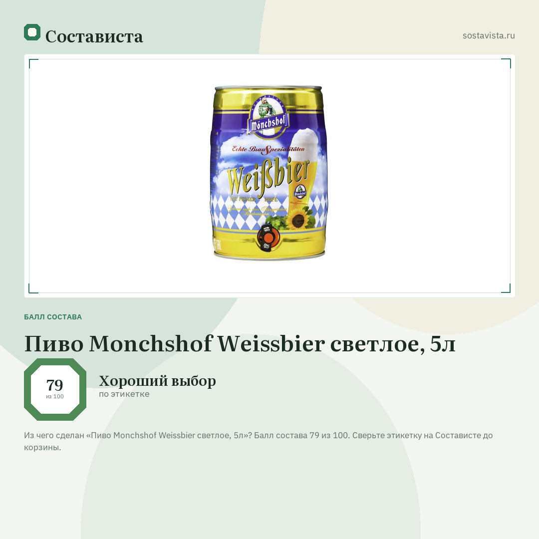 Пиво Monchshof Weissbier светлое, 5л: балл состава 79 из 100 — Состависта