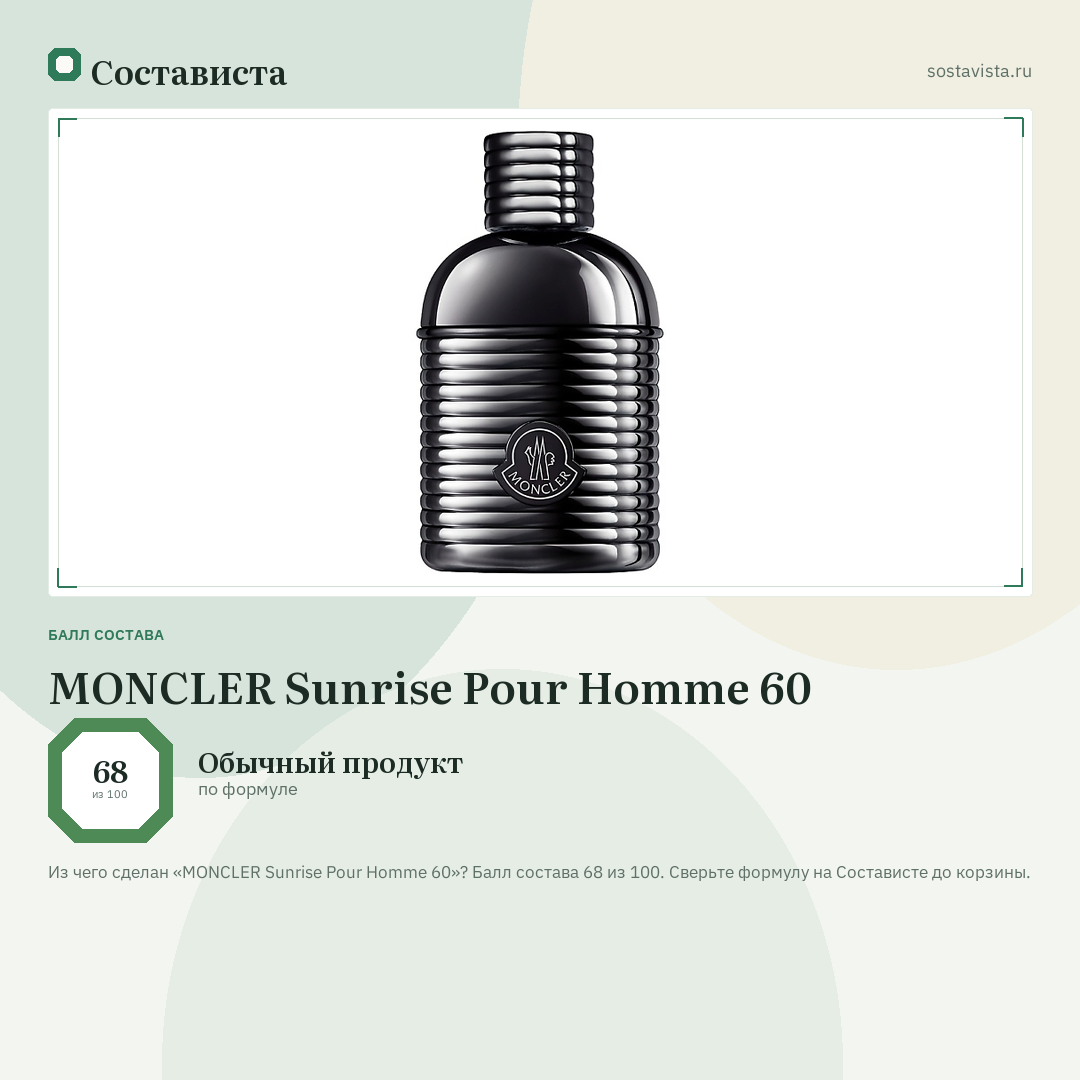 MONCLER Sunrise Pour Homme 60: балл состава 68 из 100 — Состависта