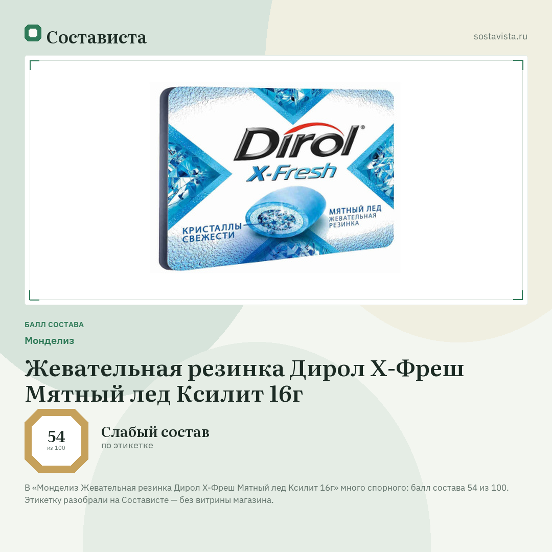 Монделиз Жевательная резинка Дирол X-Фреш Мятный лед Ксилит 16г: балл состава 54 из 100 — Состависта