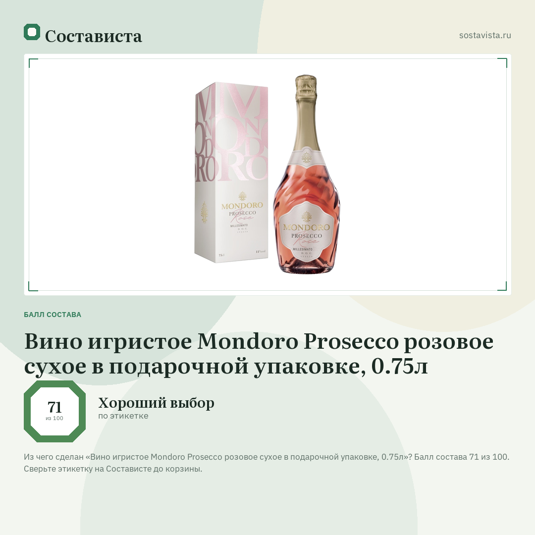 Вино игристое Mondoro Prosecco розовое сухое в подарочной упаковке, 0.75л: балл состава 71 из 100 — Состависта
