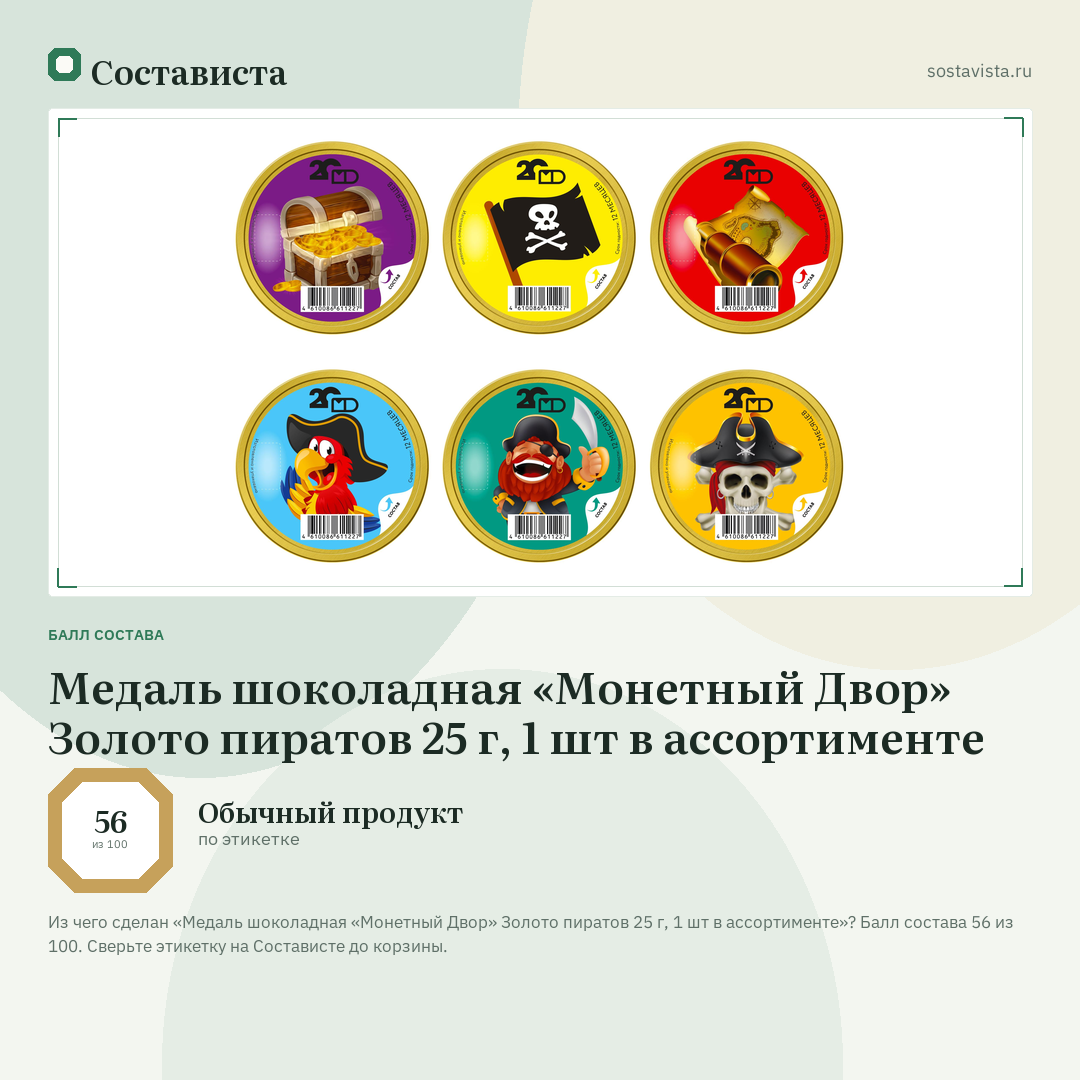 Медаль шоколадная «Монетный Двор» Золото пиратов 25 г, 1 шт в ассортименте: балл состава 56 из 100 — Состависта