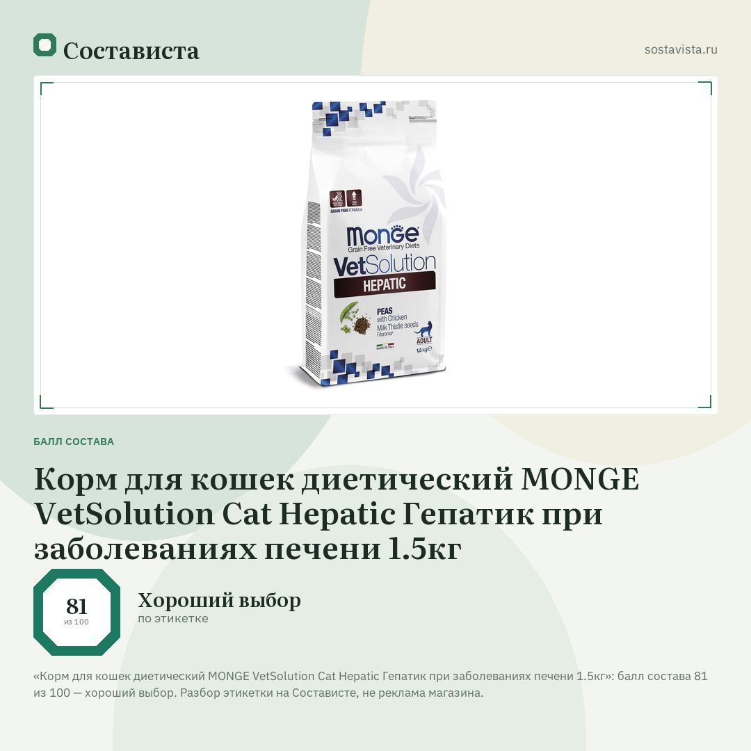 Корм для кошек диетический MONGE VetSolution Cat Hepatic Гепатик при заболеваниях печени 1.5кг: балл состава 81 из 100 — Состависта