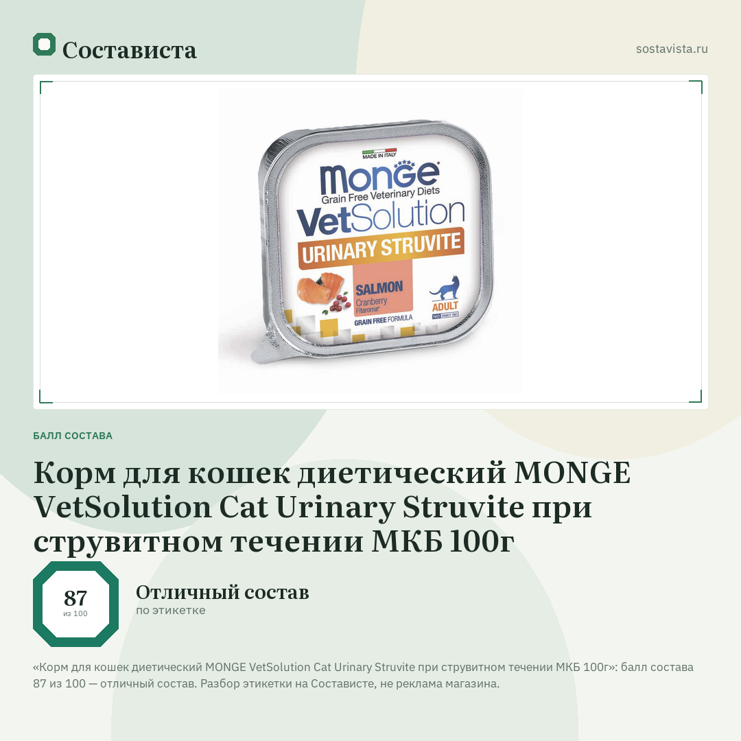 Корм для кошек диетический MONGE VetSolution Cat Urinary Struvite при струвитном течении МКБ 100г: балл состава 87 из 100 — Состависта