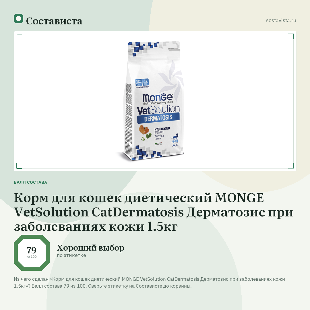 Корм для кошек диетический MONGE VetSolution CatDermatosis Дерматозис при заболеваниях кожи 1.5кг: балл состава 79 из 100 — Состависта