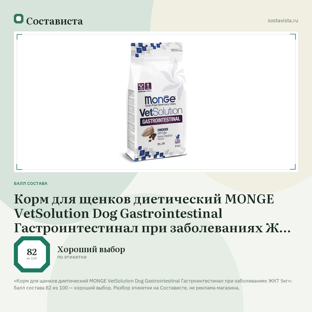 Корм для щенков диетический MONGE VetSolution Dog Gastrointestinal Гастроинтестинал при заболеваниях ЖКТ 5кг: балл состава 82 из 100 — Состависта