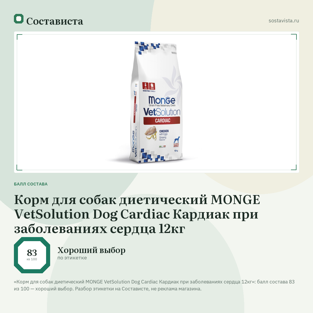 Корм для собак диетический MONGE VetSolution Dog Cardiac Кардиак при заболеваниях сердца 12кг: балл состава 83 из 100 — Состависта