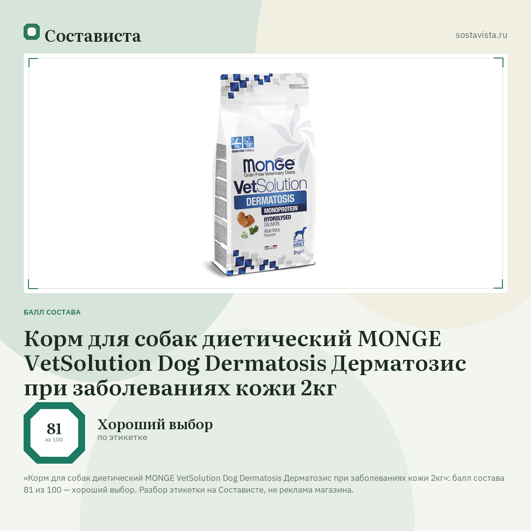 Корм для собак диетический MONGE VetSolution Dog Dermatosis Дерматозис при заболеваниях кожи 2кг: балл состава 81 из 100 — Состависта