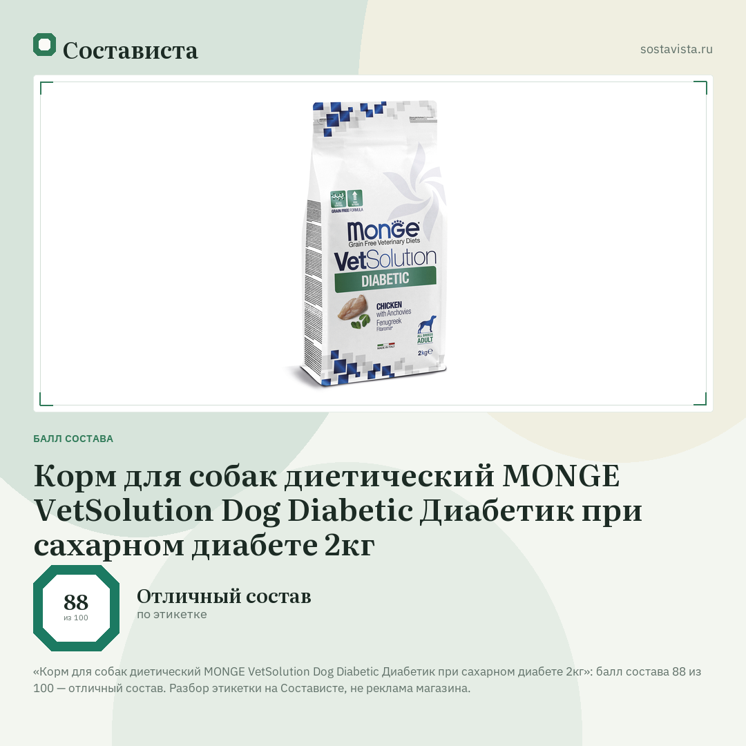 Корм для собак диетический MONGE VetSolution Dog Diabetic Диабетик при сахарном диабете 2кг: балл состава 88 из 100 — Состависта