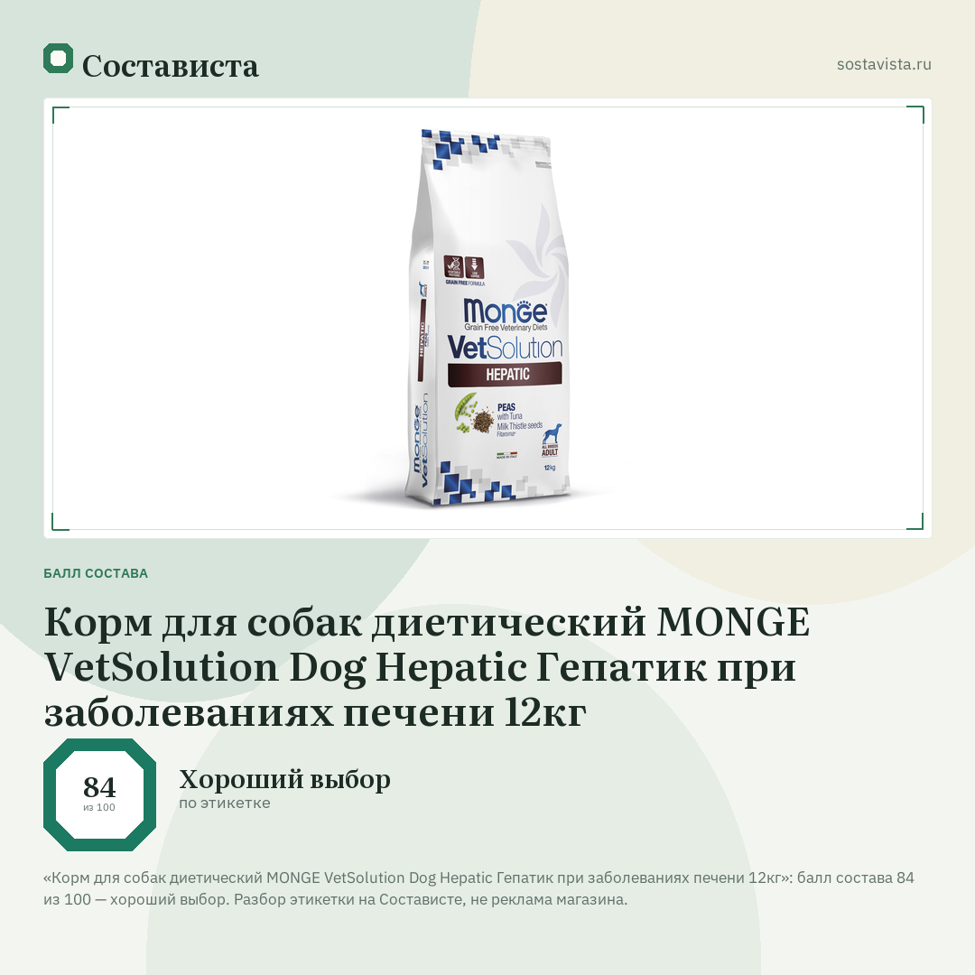 Корм для собак диетический MONGE VetSolution Dog Hepatic Гепатик при заболеваниях печени 12кг: балл состава 84 из 100 — Состависта
