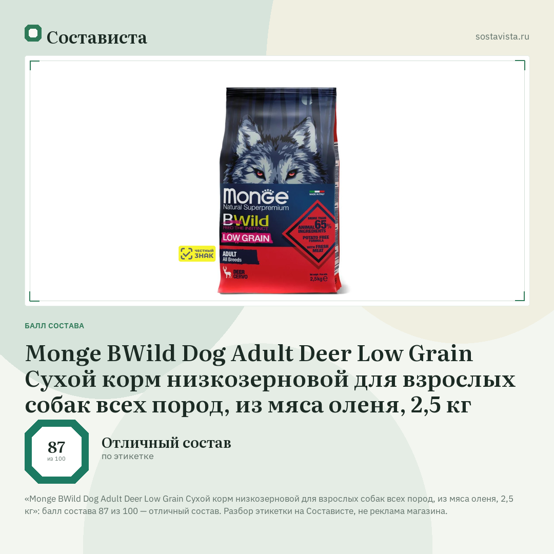 Monge BWild Dog Adult Deer Low Grain Сухой корм низкозерновой для взрослых собак всех пород, из мяса оленя, 2,5 кг: балл состава 87 из 100 — Состависта