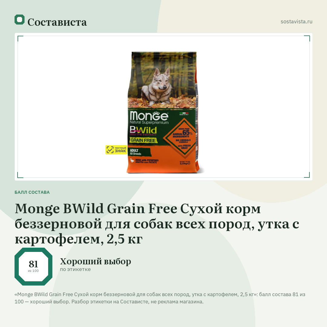 Monge BWild Grain Free Сухой корм беззерновой для собак всех пород, утка с картофелем, 2,5 кг: балл состава 81 из 100 — Состависта